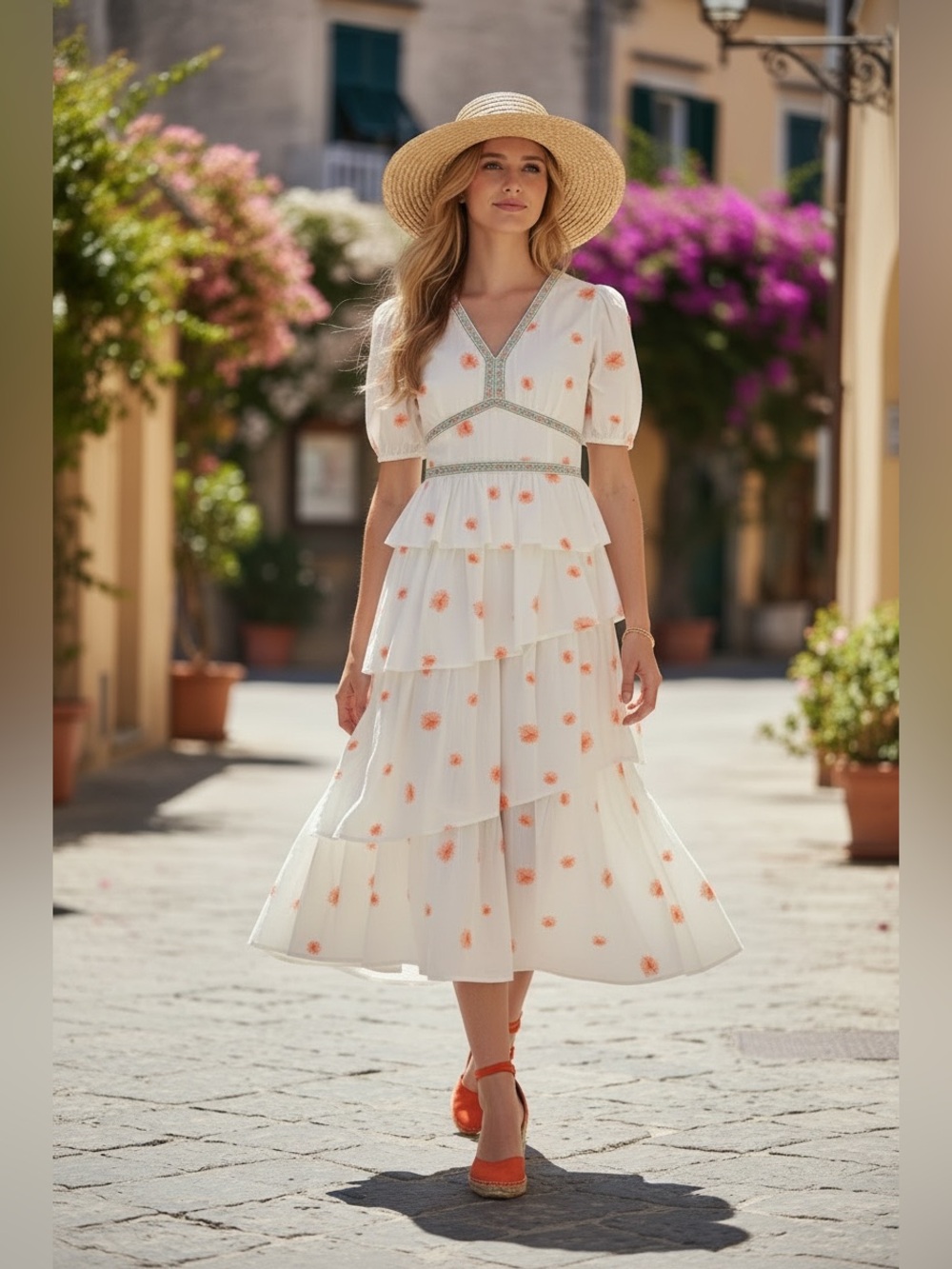 215 • Just Me White Tiered Midi Dress with Peach Floral Print